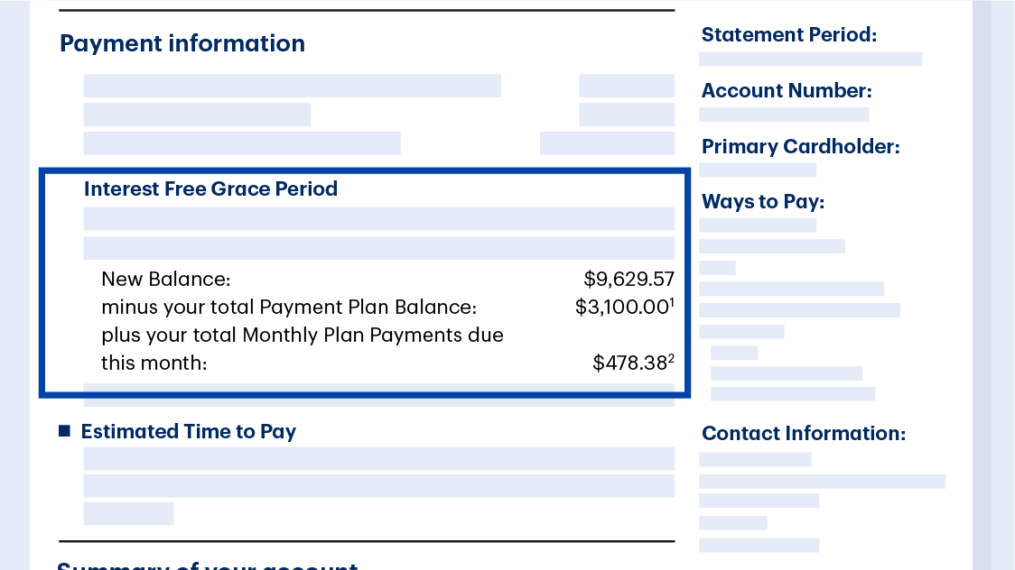 Account statement detailing an Interest free Grace period for customers with MBNA Payment Plans